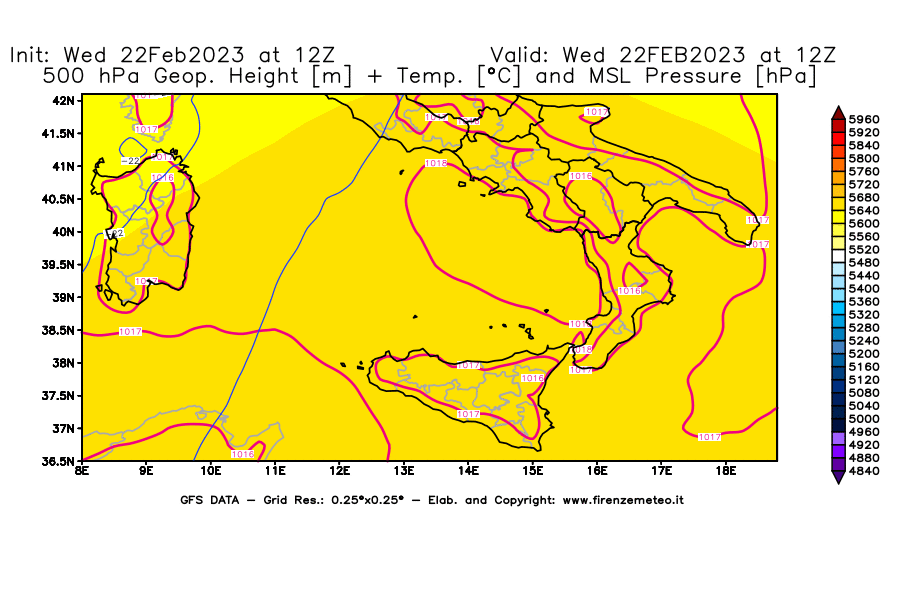 Mappa di analisi GFS - Geopotenziale [m] + Temp. [°C] a 500 hPa + Press. a livello del mare [hPa] in Sud-Italia
							del 22/02/2023 12 <!--googleoff: index-->UTC<!--googleon: index-->