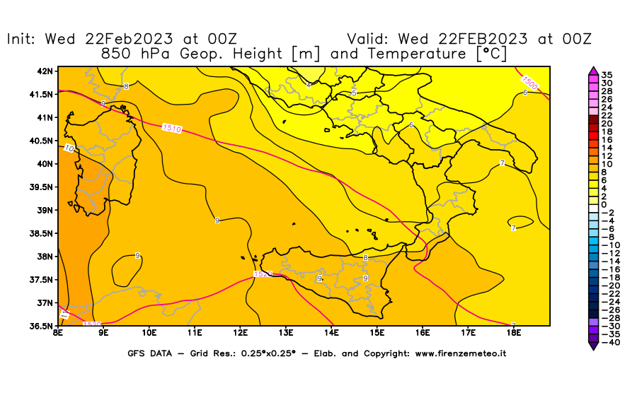 Mappa di analisi GFS - Geopotenziale [m] e Temperatura [°C] a 850 hPa in Sud-Italia
							del 22/02/2023 00 <!--googleoff: index-->UTC<!--googleon: index-->