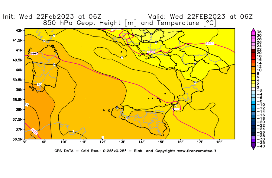 Mappa di analisi GFS - Geopotenziale [m] e Temperatura [°C] a 850 hPa in Sud-Italia
							del 22/02/2023 06 <!--googleoff: index-->UTC<!--googleon: index-->