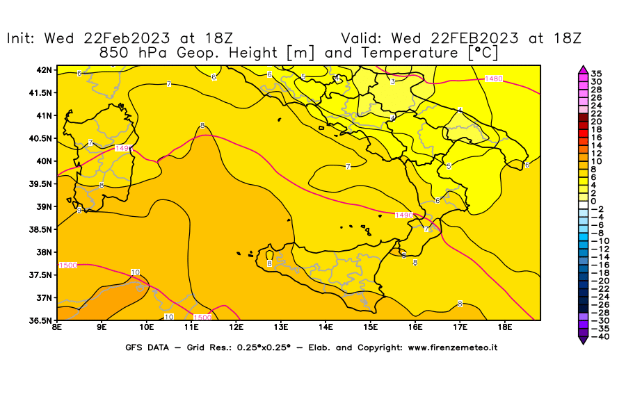 Mappa di analisi GFS - Geopotenziale [m] e Temperatura [°C] a 850 hPa in Sud-Italia
							del 22/02/2023 18 <!--googleoff: index-->UTC<!--googleon: index-->