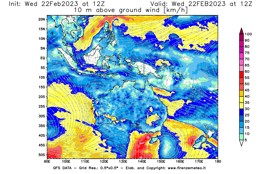 Mappa di analisi GFS - Velocità del vento a 10 metri dal suolo [km/h] in Oceania
							del 22/02/2023 12 <!--googleoff: index-->UTC<!--googleon: index-->