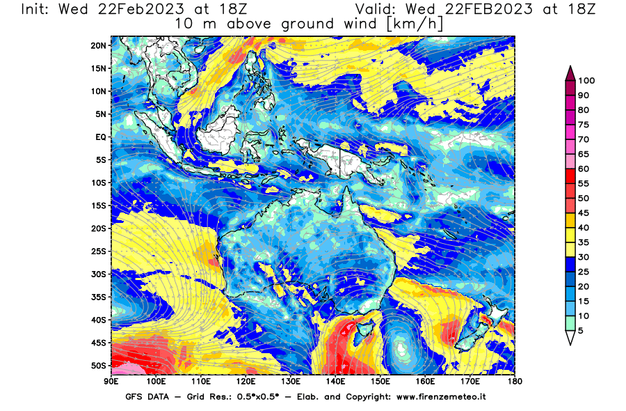 Mappa di analisi GFS - Velocità del vento a 10 metri dal suolo [km/h] in Oceania
							del 22/02/2023 18 <!--googleoff: index-->UTC<!--googleon: index-->
