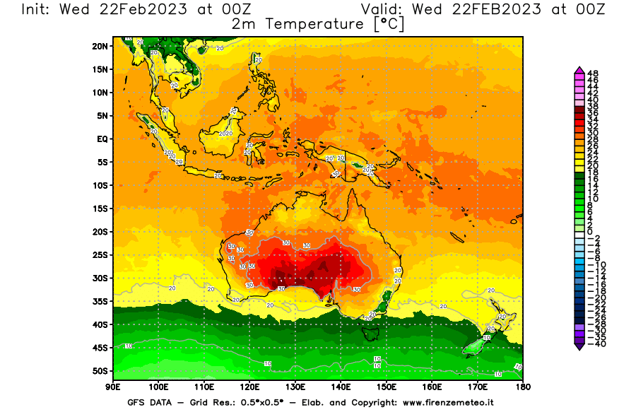 Mappa di analisi GFS - Temperatura a 2 metri dal suolo [°C] in Oceania
							del 22/02/2023 00 <!--googleoff: index-->UTC<!--googleon: index-->