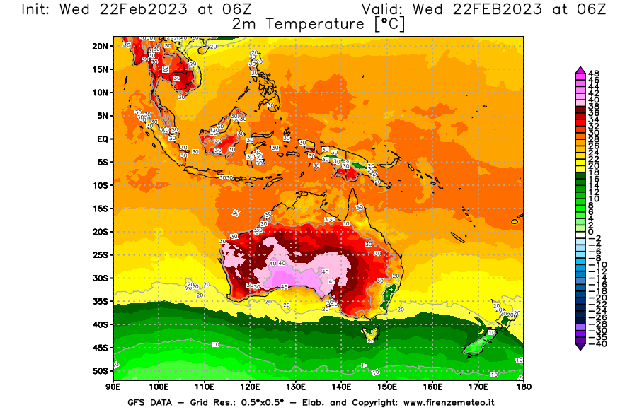 Mappa di analisi GFS - Temperatura a 2 metri dal suolo [°C] in Oceania
							del 22/02/2023 06 <!--googleoff: index-->UTC<!--googleon: index-->