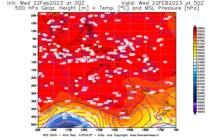 Mappa di analisi GFS - Geopotenziale [m] + Temp. [°C] a 500 hPa + Press. a livello del mare [hPa] in Oceania
							del 22/02/2023 00 <!--googleoff: index-->UTC<!--googleon: index-->