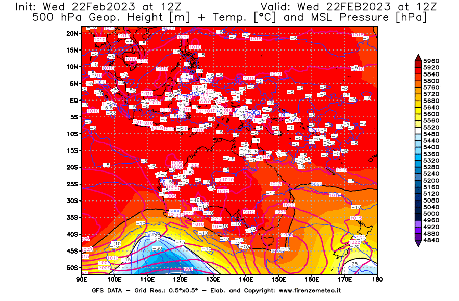 Mappa di analisi GFS - Geopotenziale [m] + Temp. [°C] a 500 hPa + Press. a livello del mare [hPa] in Oceania
							del 22/02/2023 12 <!--googleoff: index-->UTC<!--googleon: index-->