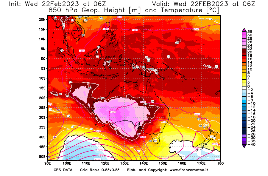 Mappa di analisi GFS - Geopotenziale [m] e Temperatura [°C] a 850 hPa in Oceania
							del 22/02/2023 06 <!--googleoff: index-->UTC<!--googleon: index-->