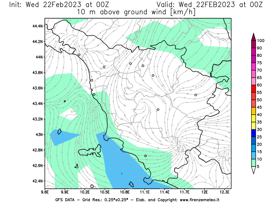 Mappa di analisi GFS - Velocità del vento a 10 metri dal suolo [km/h] in Toscana
							del 22/02/2023 00 <!--googleoff: index-->UTC<!--googleon: index-->
