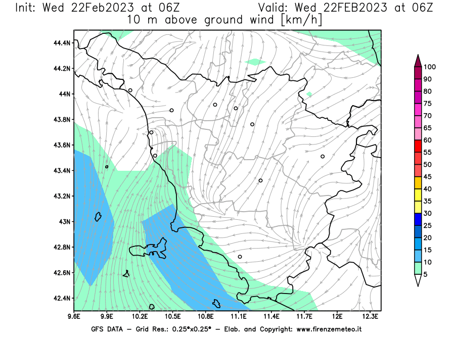 Mappa di analisi GFS - Velocità del vento a 10 metri dal suolo [km/h] in Toscana
							del 22/02/2023 06 <!--googleoff: index-->UTC<!--googleon: index-->