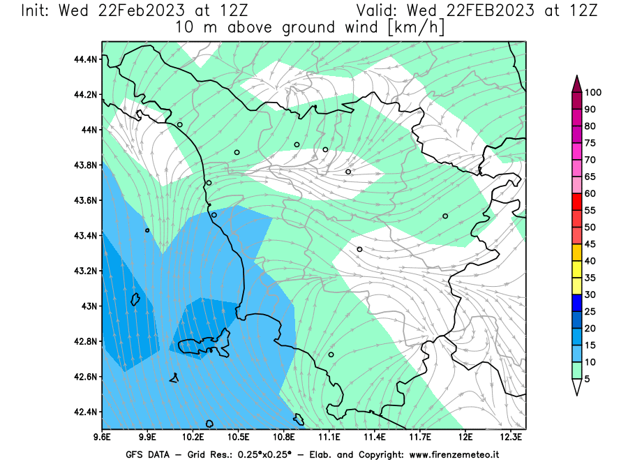 Mappa di analisi GFS - Velocità del vento a 10 metri dal suolo [km/h] in Toscana
							del 22/02/2023 12 <!--googleoff: index-->UTC<!--googleon: index-->