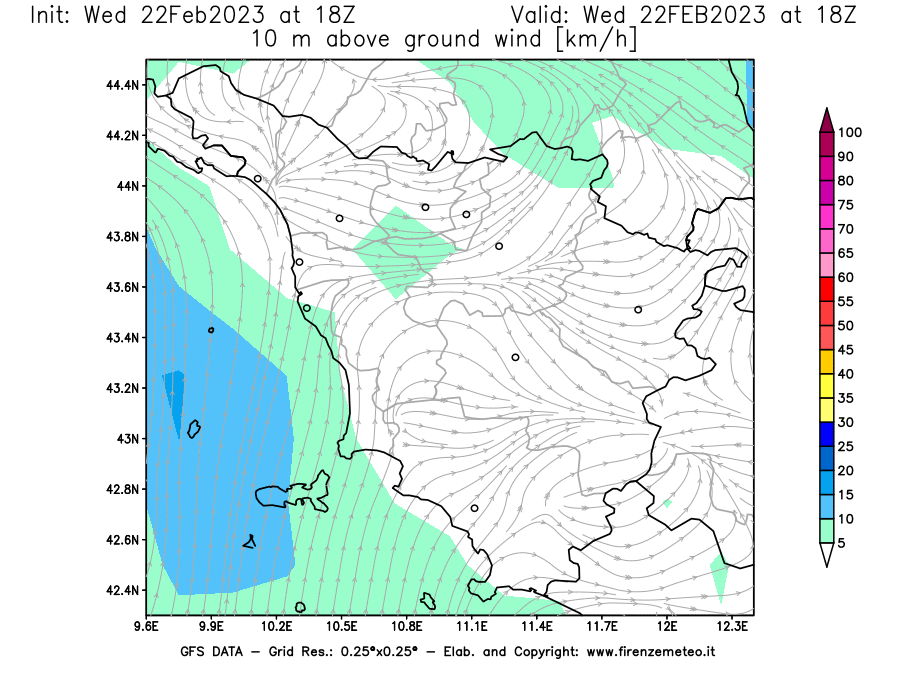 Mappa di analisi GFS - Velocità del vento a 10 metri dal suolo [km/h] in Toscana
							del 22/02/2023 18 <!--googleoff: index-->UTC<!--googleon: index-->