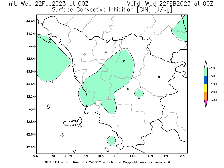 Mappa di analisi GFS - CIN [J/kg] in Toscana
							del 22/02/2023 00 <!--googleoff: index-->UTC<!--googleon: index-->