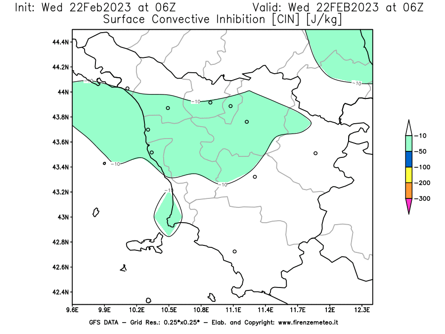 Mappa di analisi GFS - CIN [J/kg] in Toscana
							del 22/02/2023 06 <!--googleoff: index-->UTC<!--googleon: index-->