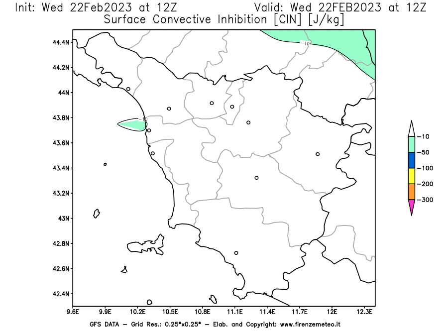 Mappa di analisi GFS - CIN [J/kg] in Toscana
							del 22/02/2023 12 <!--googleoff: index-->UTC<!--googleon: index-->
