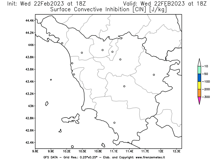 Mappa di analisi GFS - CIN [J/kg] in Toscana
							del 22/02/2023 18 <!--googleoff: index-->UTC<!--googleon: index-->