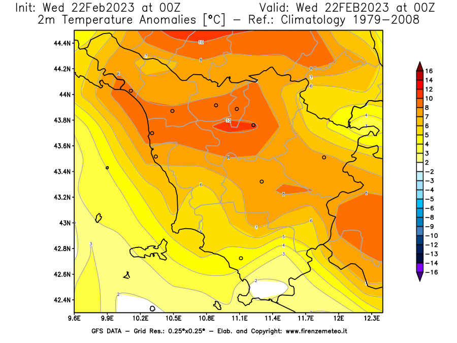 Mappa di analisi GFS - Anomalia Temperatura [°C] a 2 m in Toscana
							del 22/02/2023 00 <!--googleoff: index-->UTC<!--googleon: index-->