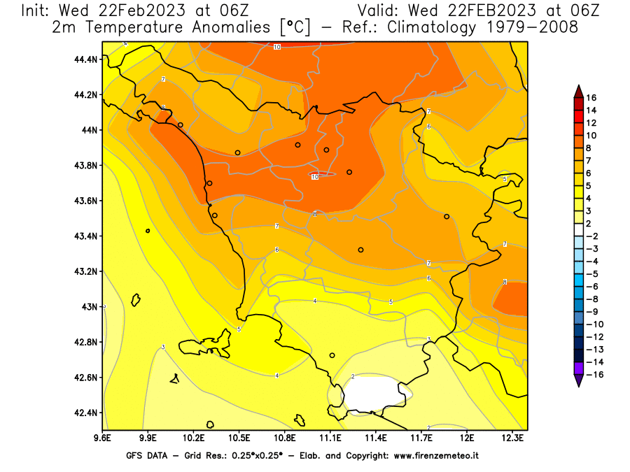 Mappa di analisi GFS - Anomalia Temperatura [°C] a 2 m in Toscana
							del 22/02/2023 06 <!--googleoff: index-->UTC<!--googleon: index-->
