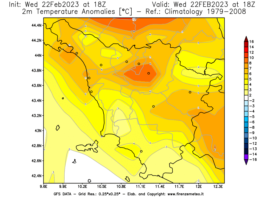 Mappa di analisi GFS - Anomalia Temperatura [°C] a 2 m in Toscana
							del 22/02/2023 18 <!--googleoff: index-->UTC<!--googleon: index-->