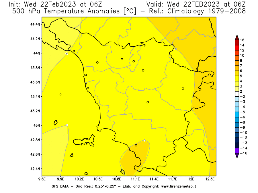 Mappa di analisi GFS - Anomalia Temperatura [°C] a 500 hPa in Toscana
							del 22/02/2023 06 <!--googleoff: index-->UTC<!--googleon: index-->