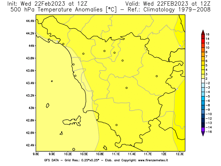 Mappa di analisi GFS - Anomalia Temperatura [°C] a 500 hPa in Toscana
							del 22/02/2023 12 <!--googleoff: index-->UTC<!--googleon: index-->