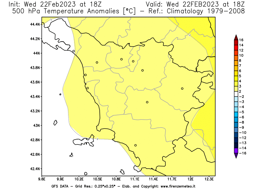 Mappa di analisi GFS - Anomalia Temperatura [°C] a 500 hPa in Toscana
							del 22/02/2023 18 <!--googleoff: index-->UTC<!--googleon: index-->