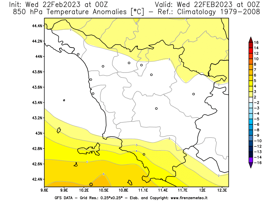 Mappa di analisi GFS - Anomalia Temperatura [°C] a 850 hPa in Toscana
							del 22/02/2023 00 <!--googleoff: index-->UTC<!--googleon: index-->