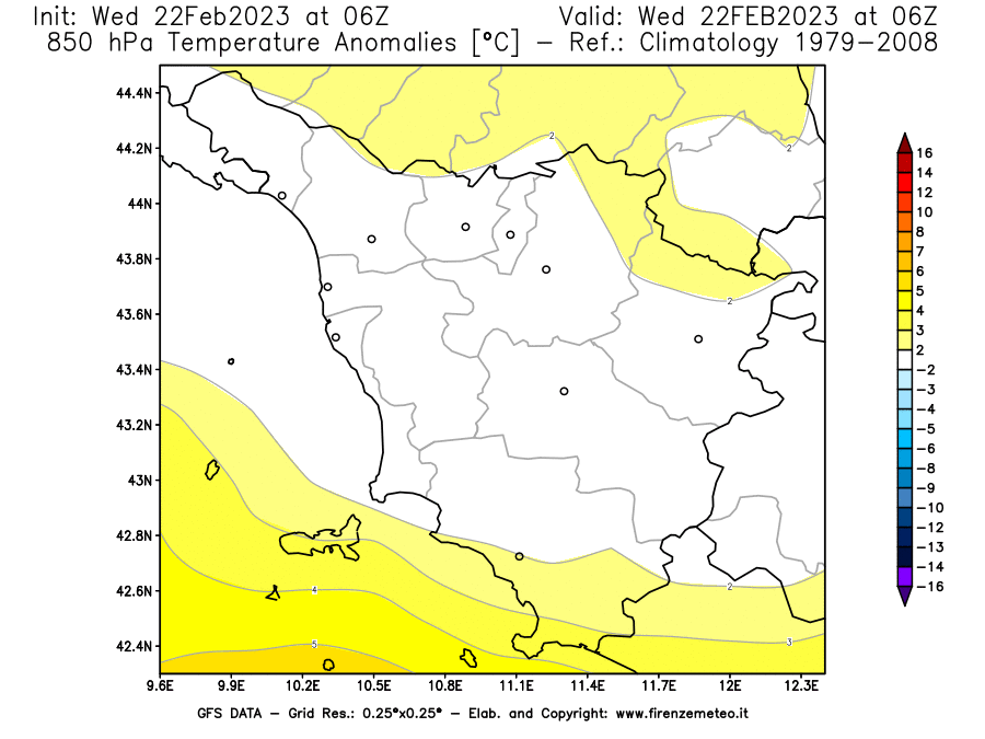 Mappa di analisi GFS - Anomalia Temperatura [°C] a 850 hPa in Toscana
							del 22/02/2023 06 <!--googleoff: index-->UTC<!--googleon: index-->