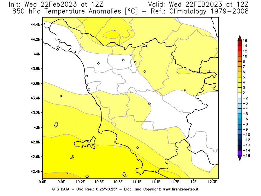 Mappa di analisi GFS - Anomalia Temperatura [°C] a 850 hPa in Toscana
							del 22/02/2023 12 <!--googleoff: index-->UTC<!--googleon: index-->