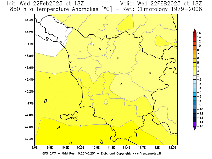 Mappa di analisi GFS - Anomalia Temperatura [°C] a 850 hPa in Toscana
							del 22/02/2023 18 <!--googleoff: index-->UTC<!--googleon: index-->
