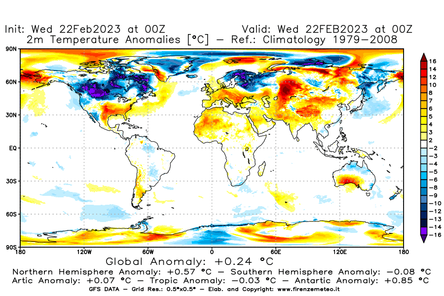 Mappa di analisi GFS - Anomalia Temperatura [°C] a 2 m in World
							del 22/02/2023 00 <!--googleoff: index-->UTC<!--googleon: index-->