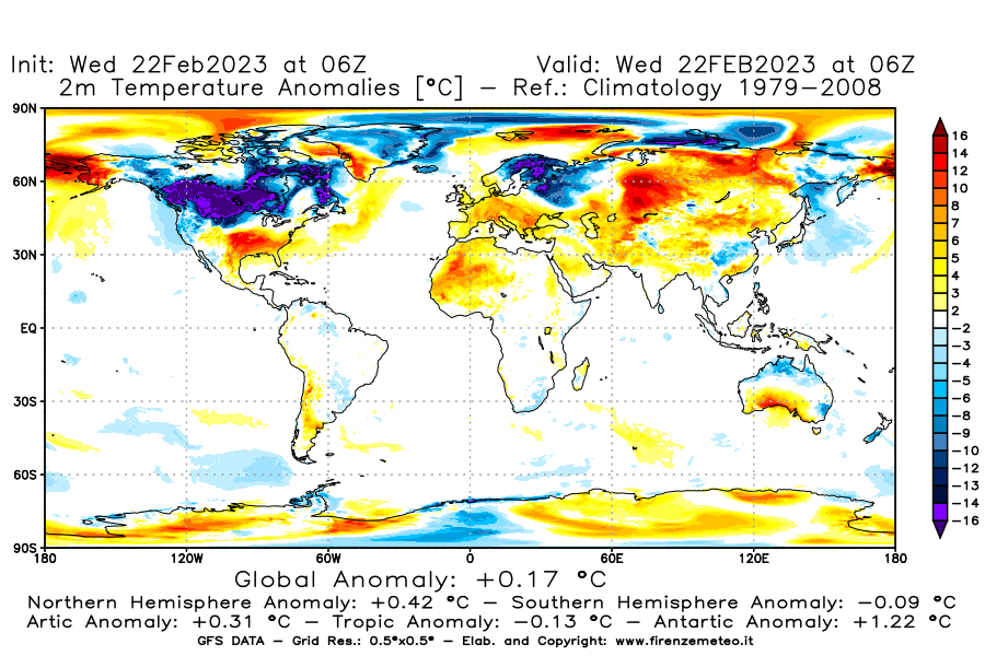 Mappa di analisi GFS - Anomalia Temperatura [°C] a 2 m in World
							del 22/02/2023 06 <!--googleoff: index-->UTC<!--googleon: index-->