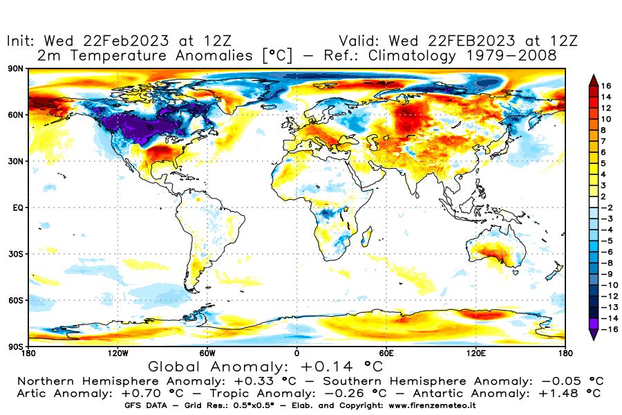Mappa di analisi GFS - Anomalia Temperatura [°C] a 2 m in World
							del 22/02/2023 12 <!--googleoff: index-->UTC<!--googleon: index-->