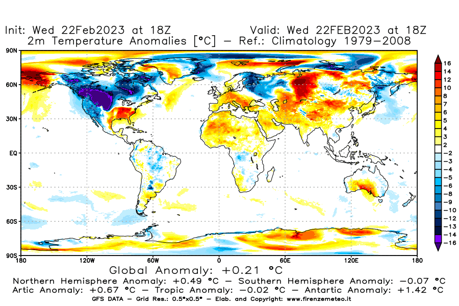Mappa di analisi GFS - Anomalia Temperatura [°C] a 2 m in World
							del 22/02/2023 18 <!--googleoff: index-->UTC<!--googleon: index-->
