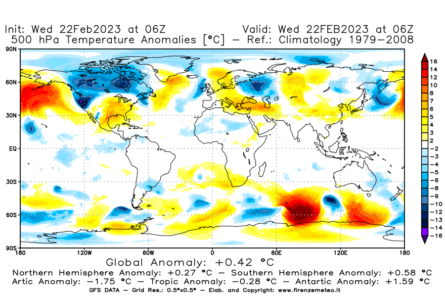 Mappa di analisi GFS - Anomalia Temperatura [°C] a 500 hPa in World
							del 22/02/2023 06 <!--googleoff: index-->UTC<!--googleon: index-->