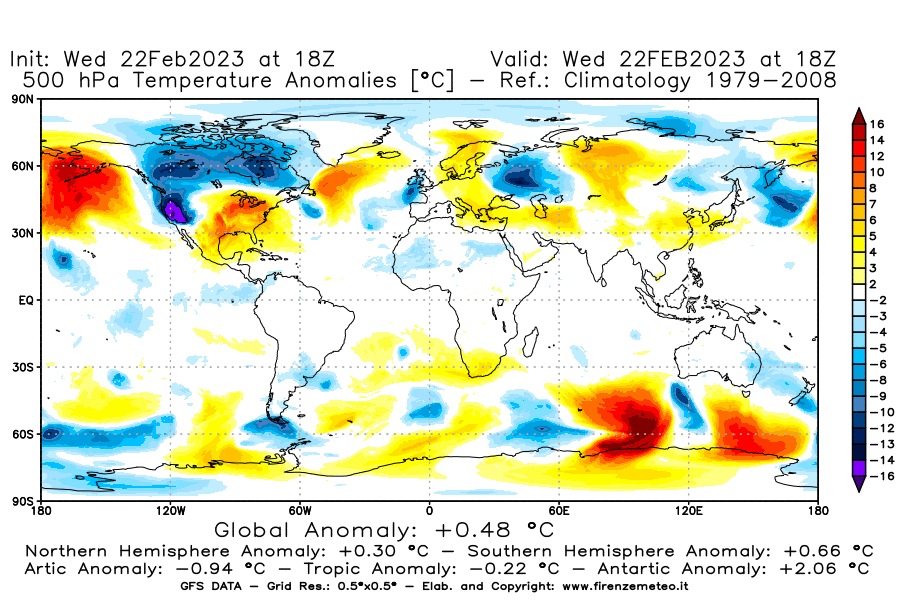 Mappa di analisi GFS - Anomalia Temperatura [°C] a 500 hPa in World
							del 22/02/2023 18 <!--googleoff: index-->UTC<!--googleon: index-->