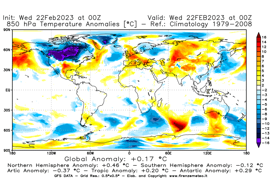Mappa di analisi GFS - Anomalia Temperatura [°C] a 850 hPa in World
							del 22/02/2023 00 <!--googleoff: index-->UTC<!--googleon: index-->