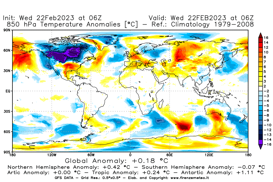 Mappa di analisi GFS - Anomalia Temperatura [°C] a 850 hPa in World
							del 22/02/2023 06 <!--googleoff: index-->UTC<!--googleon: index-->