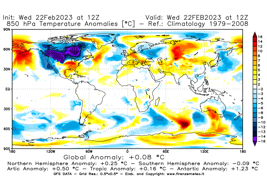 Mappa di analisi GFS - Anomalia Temperatura [°C] a 850 hPa in World
							del 22/02/2023 12 <!--googleoff: index-->UTC<!--googleon: index-->