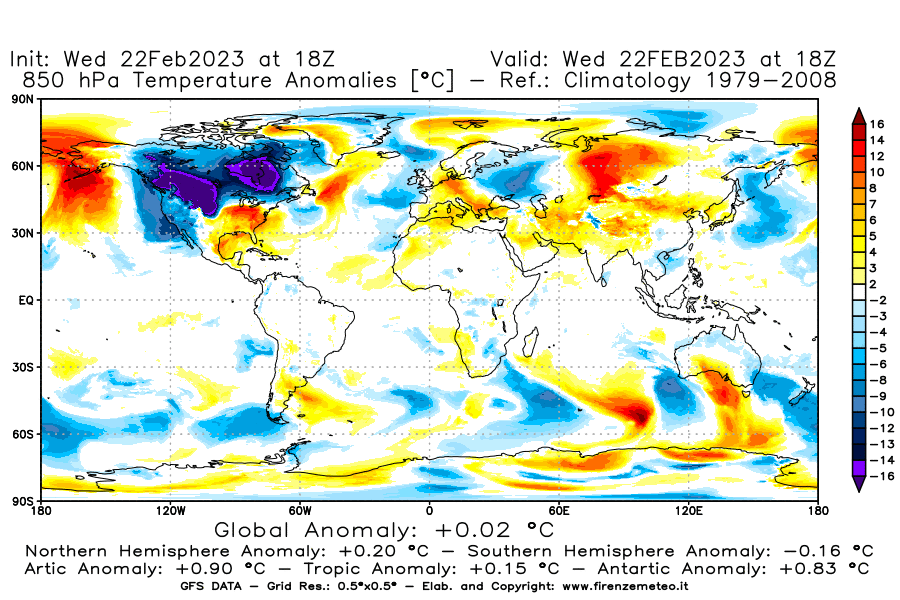 Mappa di analisi GFS - Anomalia Temperatura [°C] a 850 hPa in World
							del 22/02/2023 18 <!--googleoff: index-->UTC<!--googleon: index-->