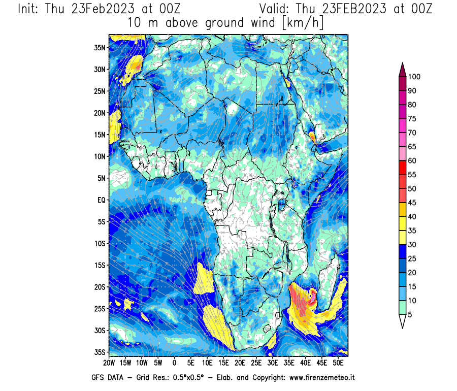 Mappa di analisi GFS - Velocità del vento a 10 metri dal suolo [km/h] in Africa
							del 23/02/2023 00 <!--googleoff: index-->UTC<!--googleon: index-->