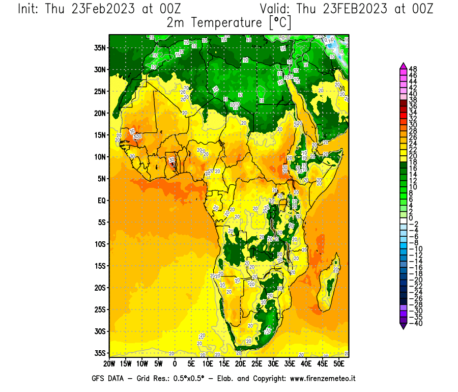 Mappa di analisi GFS - Temperatura a 2 metri dal suolo [°C] in Africa
							del 23/02/2023 00 <!--googleoff: index-->UTC<!--googleon: index-->