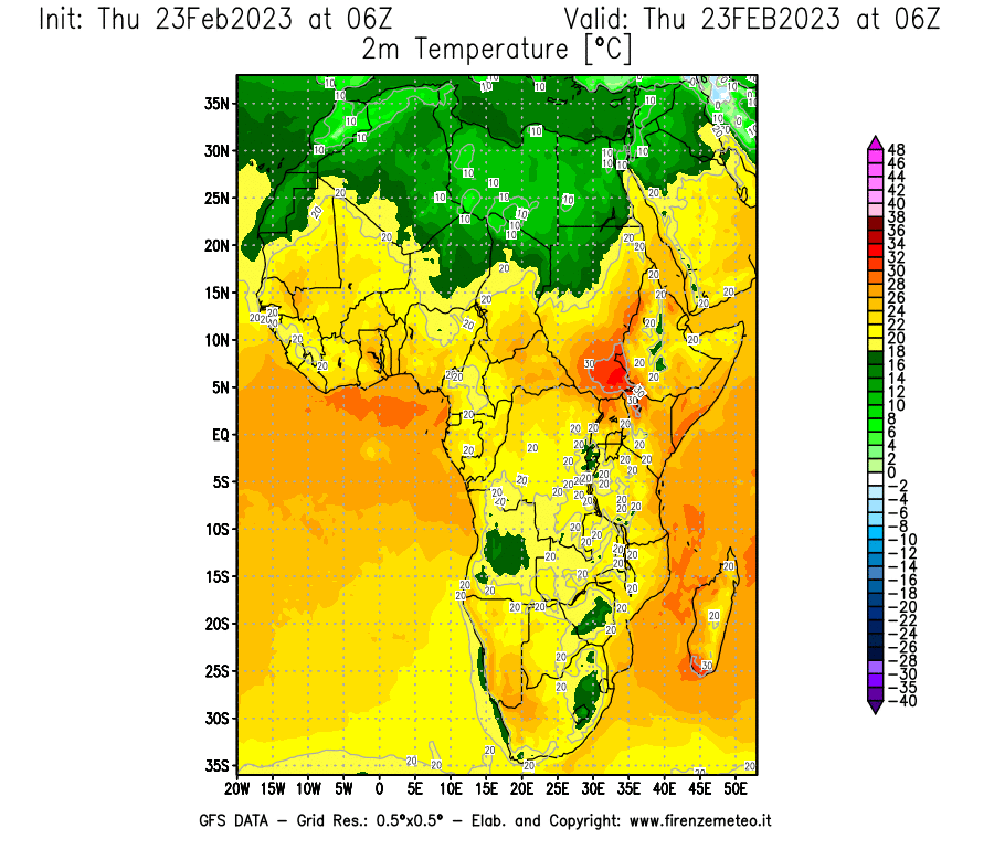 Mappa di analisi GFS - Temperatura a 2 metri dal suolo [°C] in Africa
							del 23/02/2023 06 <!--googleoff: index-->UTC<!--googleon: index-->