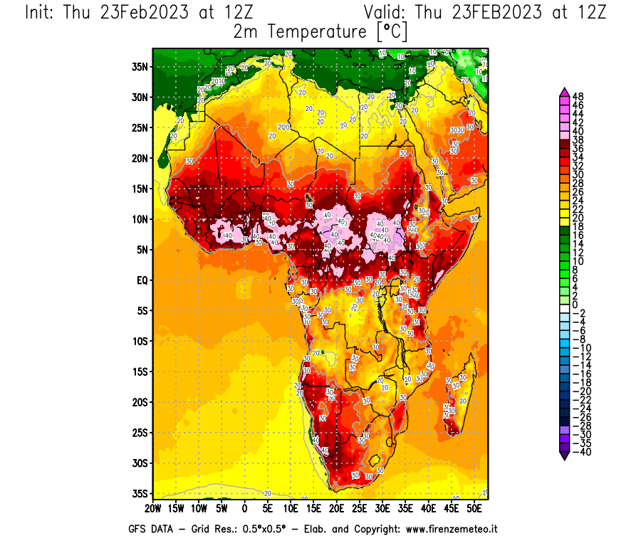 Mappa di analisi GFS - Temperatura a 2 metri dal suolo [°C] in Africa
							del 23/02/2023 12 <!--googleoff: index-->UTC<!--googleon: index-->