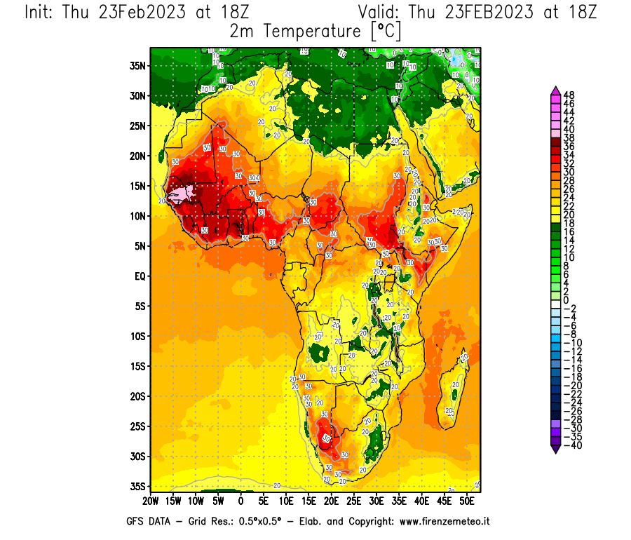Mappa di analisi GFS - Temperatura a 2 metri dal suolo [°C] in Africa
							del 23/02/2023 18 <!--googleoff: index-->UTC<!--googleon: index-->