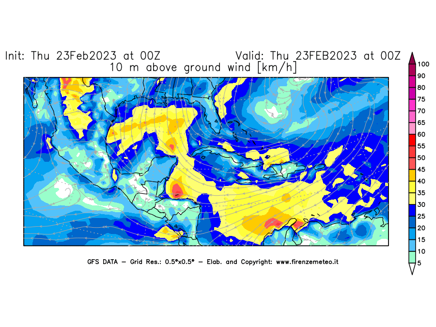 Mappa di analisi GFS - Velocità del vento a 10 metri dal suolo [km/h] in Centro-America
							del 23/02/2023 00 <!--googleoff: index-->UTC<!--googleon: index-->