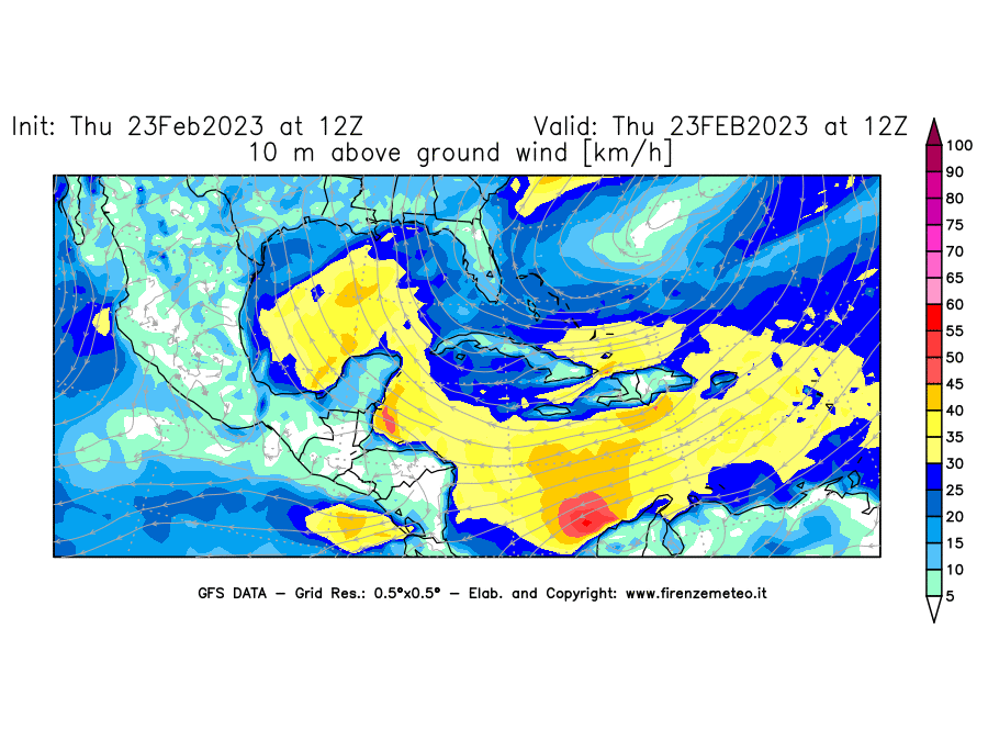 Mappa di analisi GFS - Velocità del vento a 10 metri dal suolo [km/h] in Centro-America
							del 23/02/2023 12 <!--googleoff: index-->UTC<!--googleon: index-->