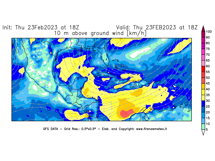 Mappa di analisi GFS - Velocità del vento a 10 metri dal suolo [km/h] in Centro-America
							del 23/02/2023 18 <!--googleoff: index-->UTC<!--googleon: index-->