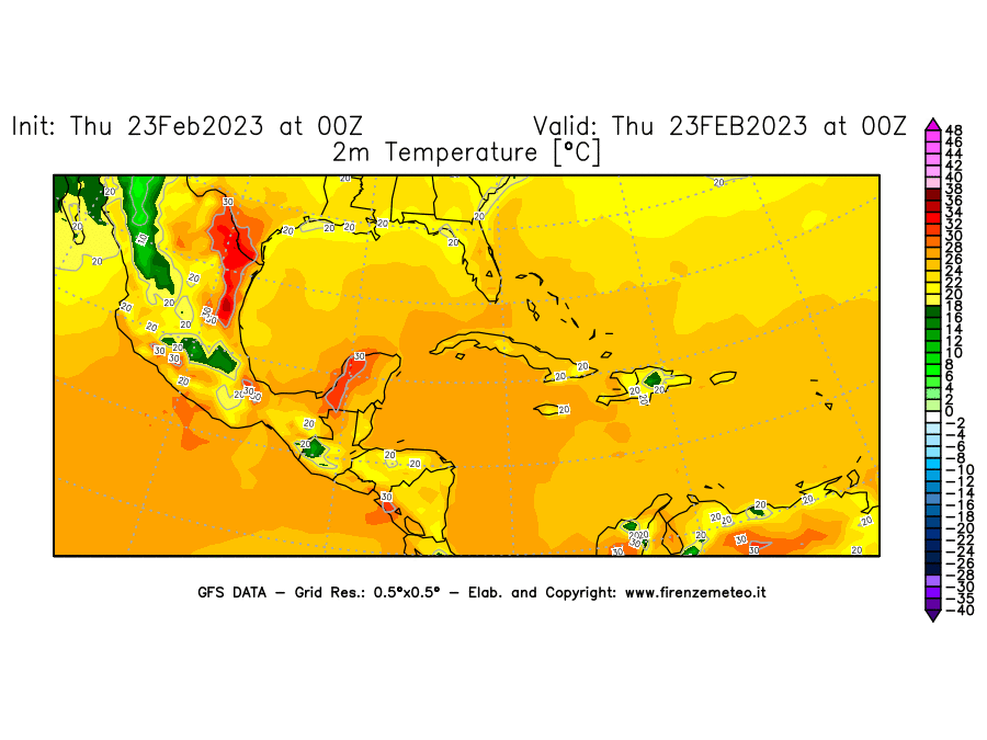 Mappa di analisi GFS - Temperatura a 2 metri dal suolo [°C] in Centro-America
							del 23/02/2023 00 <!--googleoff: index-->UTC<!--googleon: index-->