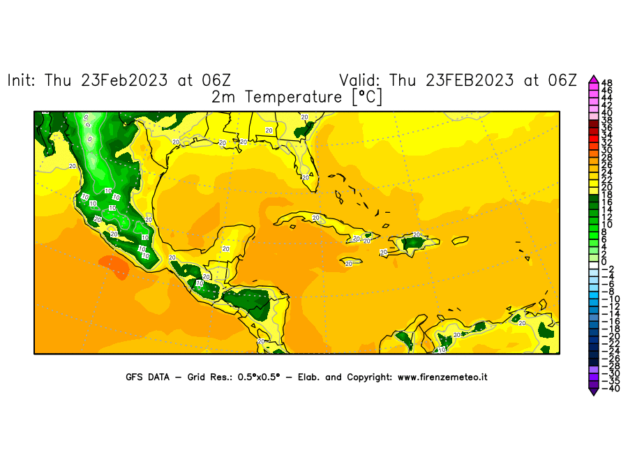 Mappa di analisi GFS - Temperatura a 2 metri dal suolo [°C] in Centro-America
							del 23/02/2023 06 <!--googleoff: index-->UTC<!--googleon: index-->