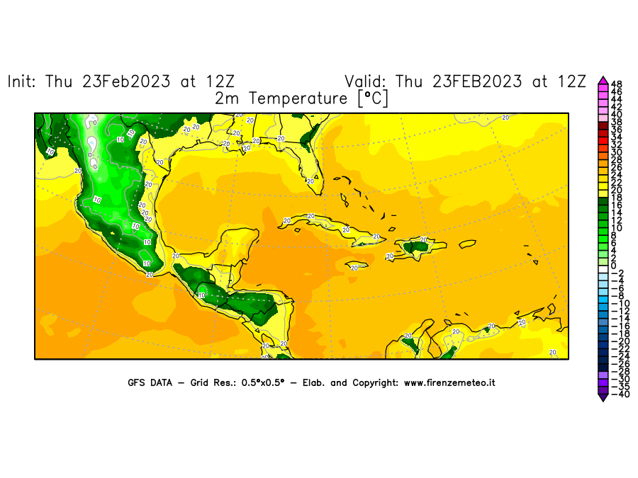 Mappa di analisi GFS - Temperatura a 2 metri dal suolo [°C] in Centro-America
							del 23/02/2023 12 <!--googleoff: index-->UTC<!--googleon: index-->